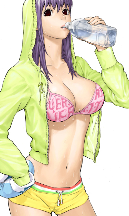 boyshorts, brown_eyes, cleavage, drink, duplicate, gloves, hotpants, lips, makihara_madoka, open_shirt, purple_hair, simple_background, sweat, sweating, sweating_profusely, veritas, wet