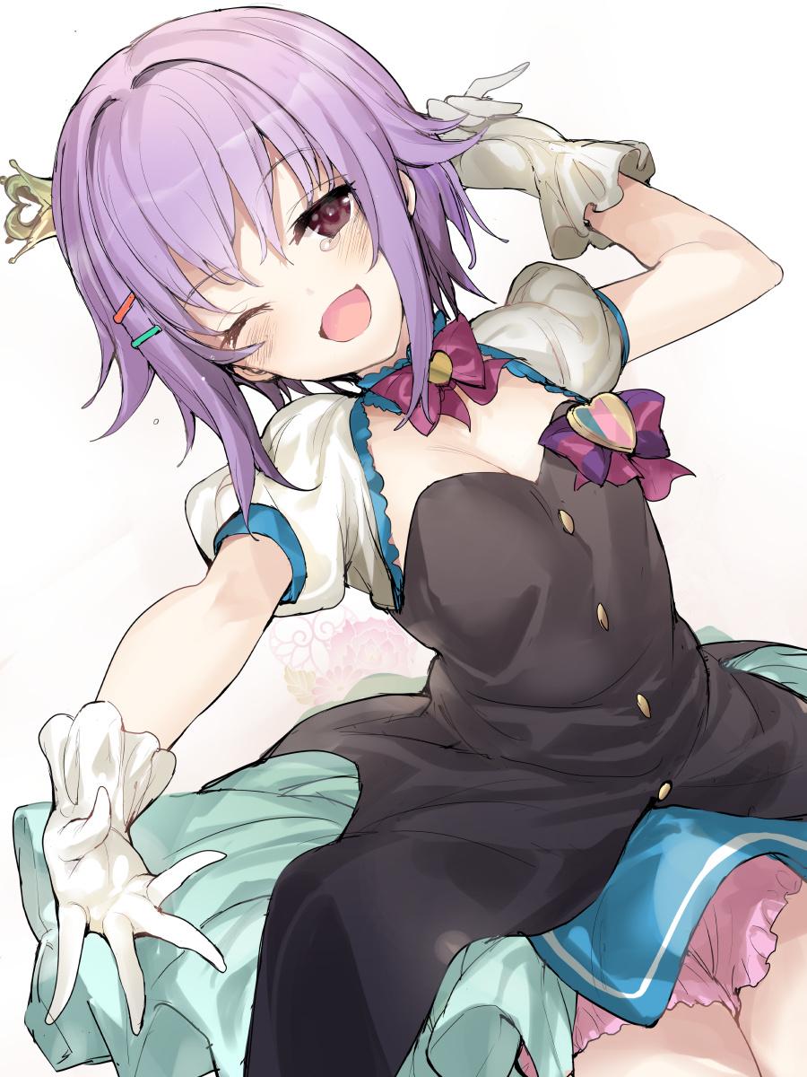 1girl, ;d, blush, crown, dress, gloves, hair_ornament, hairclip, highres, idolmaster, idolmaster_cinderella_girls, jpeg_artifacts, koshimizu_sachiko, mini_crown, mutsutake, one_eye_closed, open_mouth, outstretched_arm, outstretched_hand, puffy_short_sleeves, puffy_sleeves, purple_hair, reaching_out, short_hair, short_sleeves, simple_background, smile, solo, star!!, tears, white_background, white_gloves