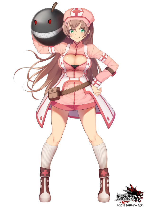 1girl, bomb, breasts, brown_hair, cherry_bomb, cleavage, cleavage_cutout, dress