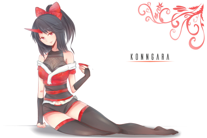 1girl, alternate_costume, black_hair, black_legwear, bow, character_name, fingerless_gloves, gloves, hair_bow, highres, horn, konngara, looking_at_viewer, red_eyes, sakazuki, sanzuri, thigh-highs, touhou, touhou_(pc-98)