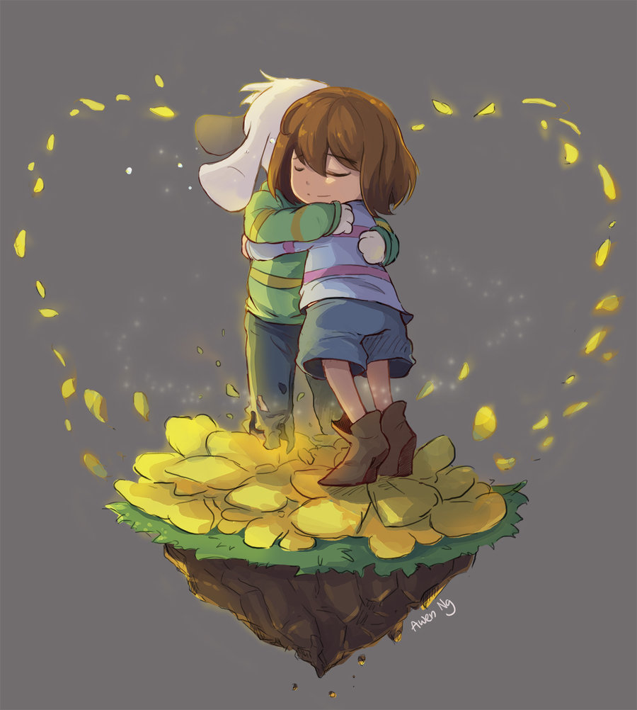 1boy, a-wen, androgynous, artist_name, asriel_dreemurr, brown_hair, closed_eyes, disintegration