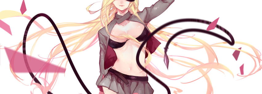 1girl, belt, bikini_top, bishamonten_(noragami), blonde_hair, breasts, closed_mouth, floating_hair