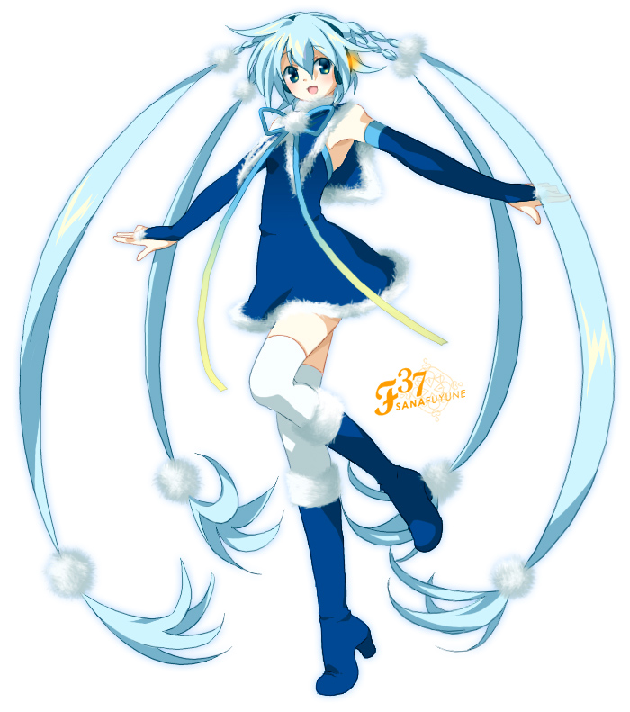 blue_eyes, blue_hair, boots, braid, bridal_gauntlets, elbow_gloves, fingerless_gloves, fuyune_sana