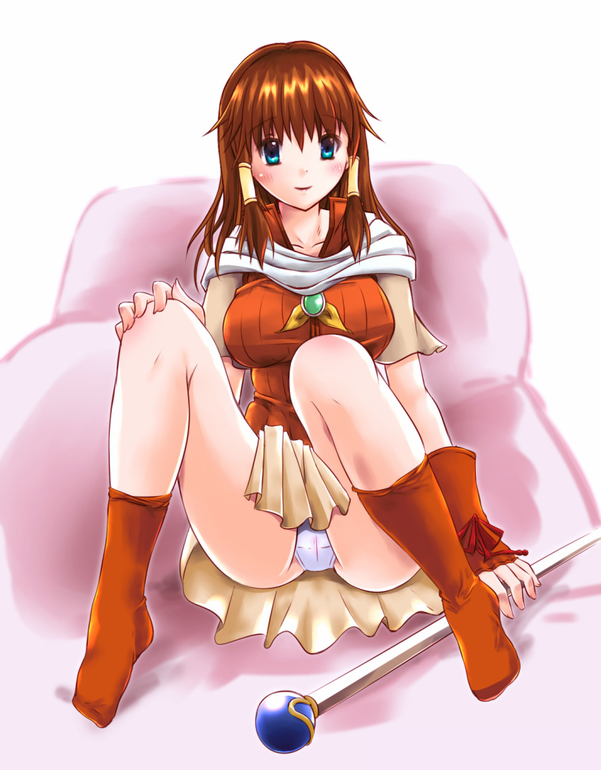 1girl, blue_eyes, blush, brown_hair, fingerless_gloves, fire_emblem, fire_emblem:_akatsuki_no_megami, fire_emblem:_souen_no_kiseki, gloves, hair_tubes, highres, long_hair, mist_(fire_emblem), no_shoes, orange_legwear, panties, pantyshot, pantyshot_(sitting), scarf, shin_(applique), sitting, smile, socks, solo, staff, underwear, white_panties
