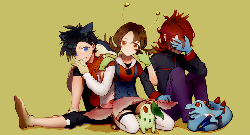 1girl, 2boys, animal_on_shoulder, antennae, bangs, between_thighs, black_hair, black_panties