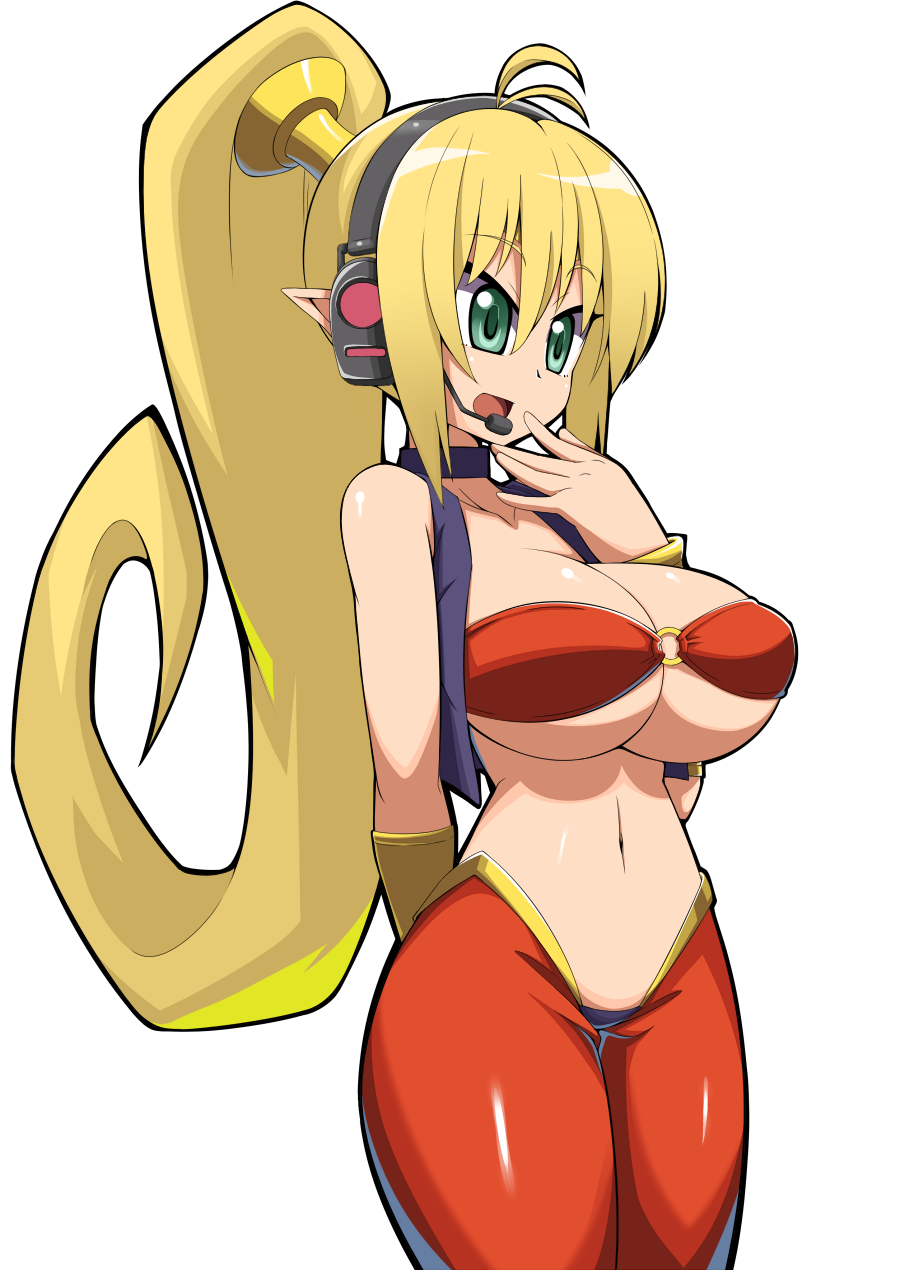 1girl, blonde_hair, breasts, green_eyes, highres, large_breasts, long_hair, midriff, navel, pointy_ears, ponytail, shantae, shantae_(character), shantae_(cosplay), simple_background, solo, thighs, toudori, tsurumaki_maki, underwear, very_long_hair, voiceroid, white_background