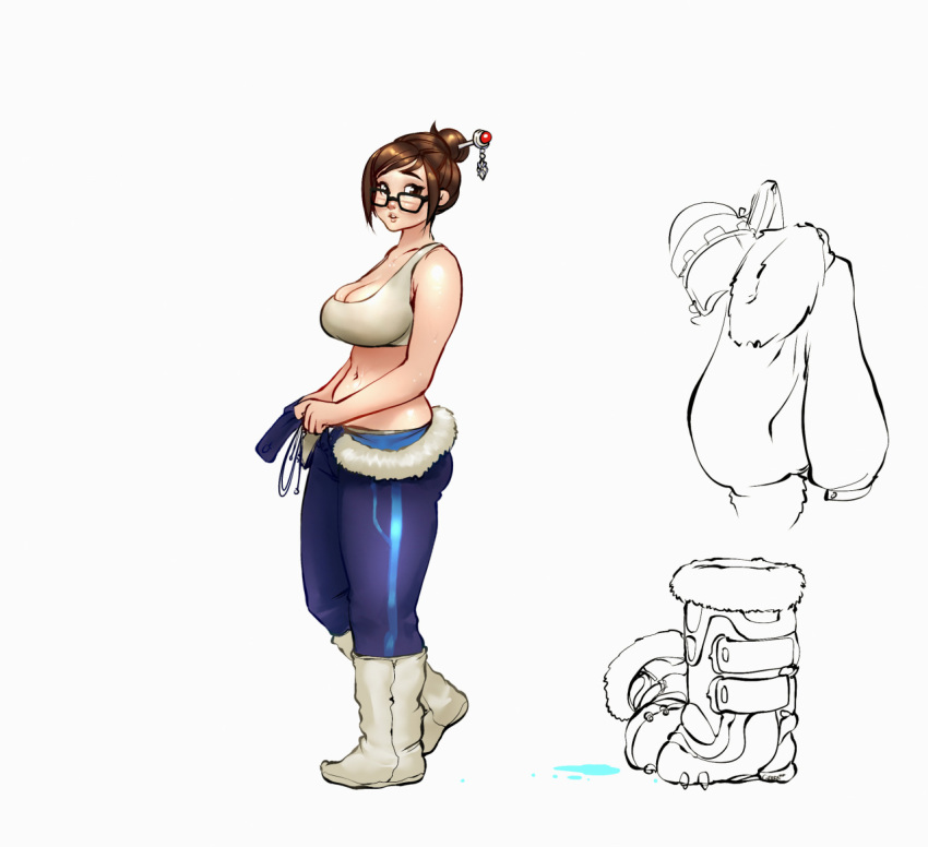 1girl, boots, breasts, brown_eyes, brown_hair, cleavage, clothes_around_waist, darren_geers