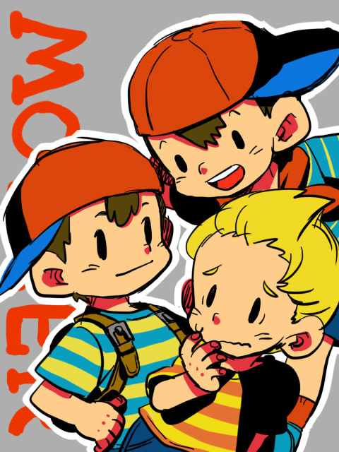 3boys, backpack, bag, baseball_cap, blonde_hair, brown_hair, child, copyright_name
