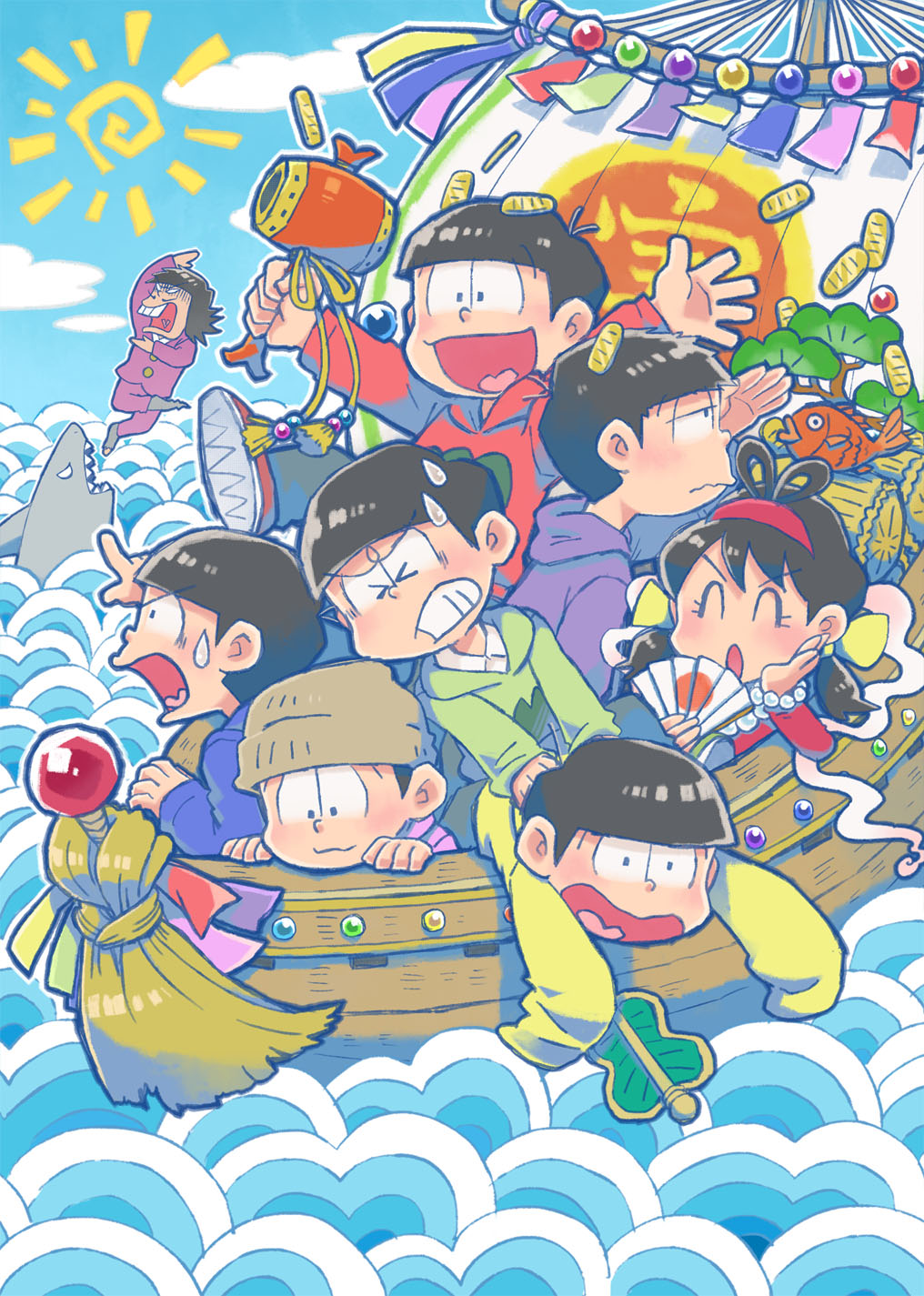 1girl, 6+boys, beanie, black_hair, brothers, chin_rest, choromatsu, closed_eyes