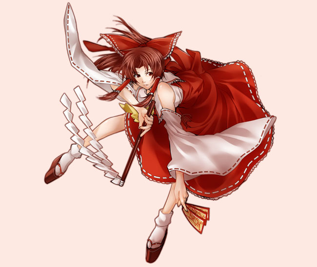 bow, brown_hair, clog_sandals, detached_sleeves, gohei, hair_bow, hakurei_reimu, kiyoshi
