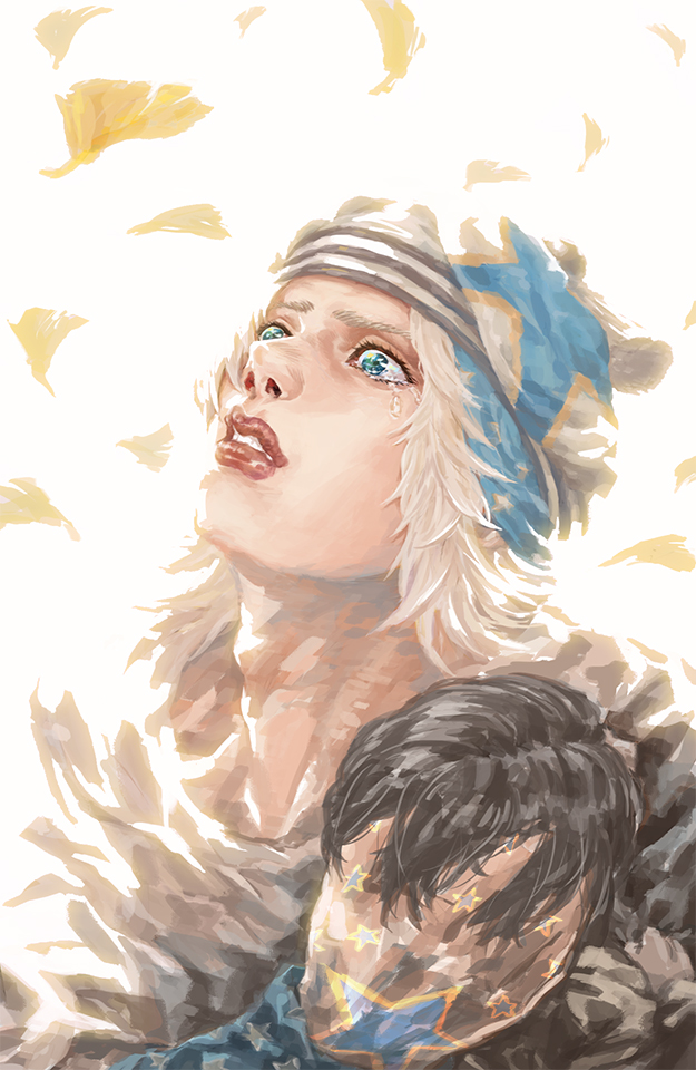 2boys, black_hair, blonde_hair, father_and_son, feathers, george_joestar_ii, green_eyes, hat