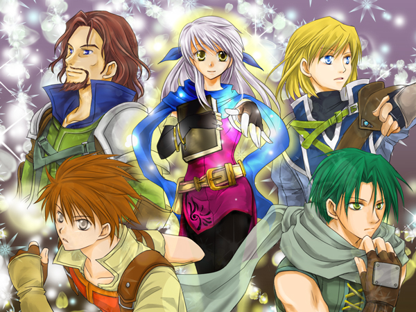 1girl, 4boys, armor, bare_shoulders, beard, black_gloves, black_legwear, blonde_hair, blue_eyes, blue_scarf, book, book_hug, brown_hair, coat, dress, edward_(fire_emblem), elbow_gloves, facial_hair, fingerless_gloves, fire_emblem, fire_emblem:_akatsuki_no_megami, gloves, green_eyes, green_hair, grey_eyes, hair_ribbon, half_updo, holding, holding_book, leonardo_(fire_emblem), long_hair, micaiah, multiple_boys, nolan, osakabe_yanagi, pantyhose, ribbon, scarf, side_slit, silver_hair, sleeveless, sleeveless_dress, smile, solo_focus, sothe, yellow_eyes