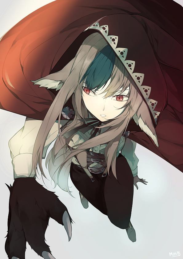 1girl, animal_ears, blue_hair, fire_emblem, fire_emblem_if, grey_hair, hoodie, multicolored_hair, red_eyes, redricewine, solo, tail, two-tone_hair, velour_(fire_emblem_if), wolf_ears, wolf_tail