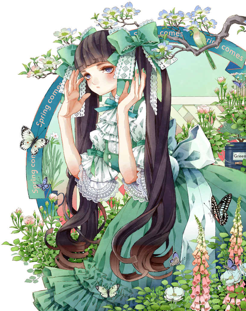 1girl, bangs, bird, blunt_bangs, branch, brown_hair, butterfly, dress, english, expressionless, flower, foxglove, frilled_sleeves, frills, green_dress, green_ribbon, hair_ribbon, hamondo, lace, leaf, lolita_fashion, long_hair, nail_polish, original, plant, ribbon, rose, sweet_lolita, twintails, very_long_hair, violet_eyes, white_rose, wide_sleeves