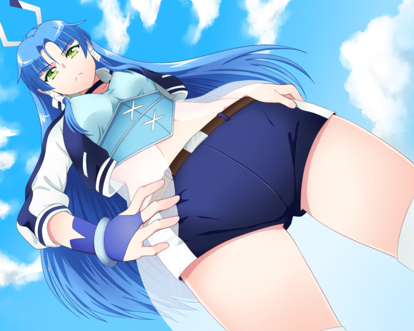 1girl, battle_spirits, battle_spirits:_burning_soul, blue_hair, choker, clouds, dutch_angle, foreshortening, from_below, green_eyes, gunjou_souun, hair_tubes, hands_on_hips, jroouch, long_hair, looking_at_viewer, midriff, short_shorts, shorts, sky, solo, thigh-highs, very_long_hair, white_legwear
