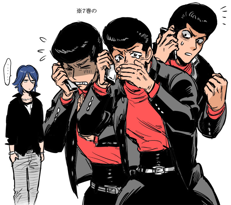 >_<, ..., 2boys, belt, black_hair, black_pants, black_shirt, blazer
