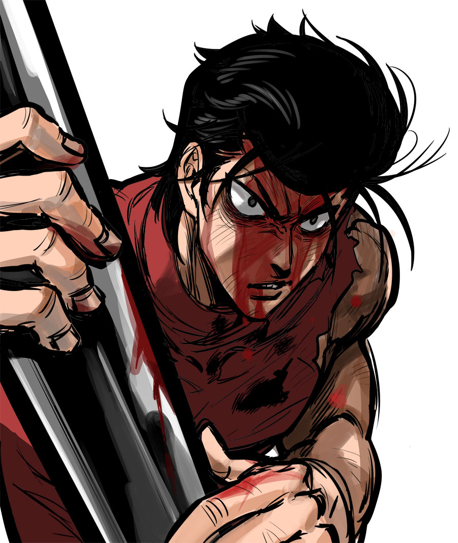 1boy, baseball_bat, black_hair, blood, holding_weapon, injury, kinzoku_bat, looking_at_viewer