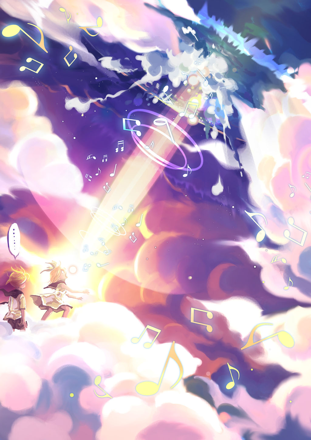 beam, blonde_hair, cloud, clouds, earth, hair_ribbon, highres, kagamine_len