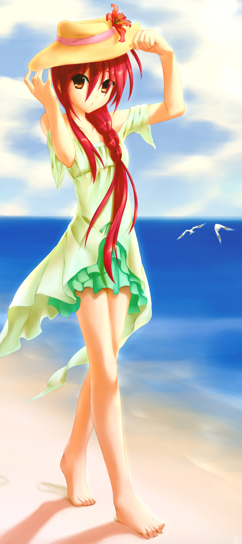 1girl, absurdres, barefoot, beach, bird, braid, brown_eyes, dress, green_dress, gundam00uc, hat, highres, long_hair, looking_at_viewer, ocean, outdoors, redhead, shakugan_no_shana, shana, solo, very_long_hair