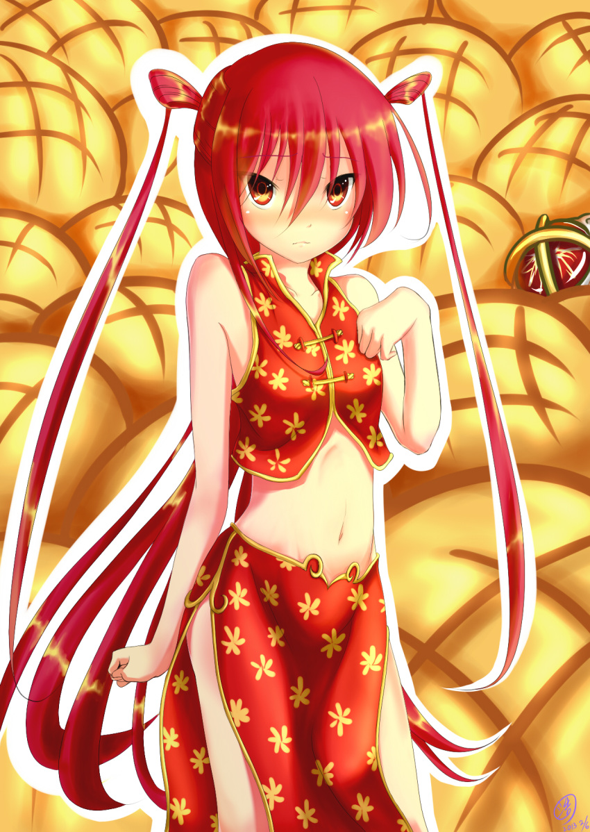 1girl, alastor_(shakugan_no_shana), bread, chinese_clothes, crop_top, food, gundam00uc, highres