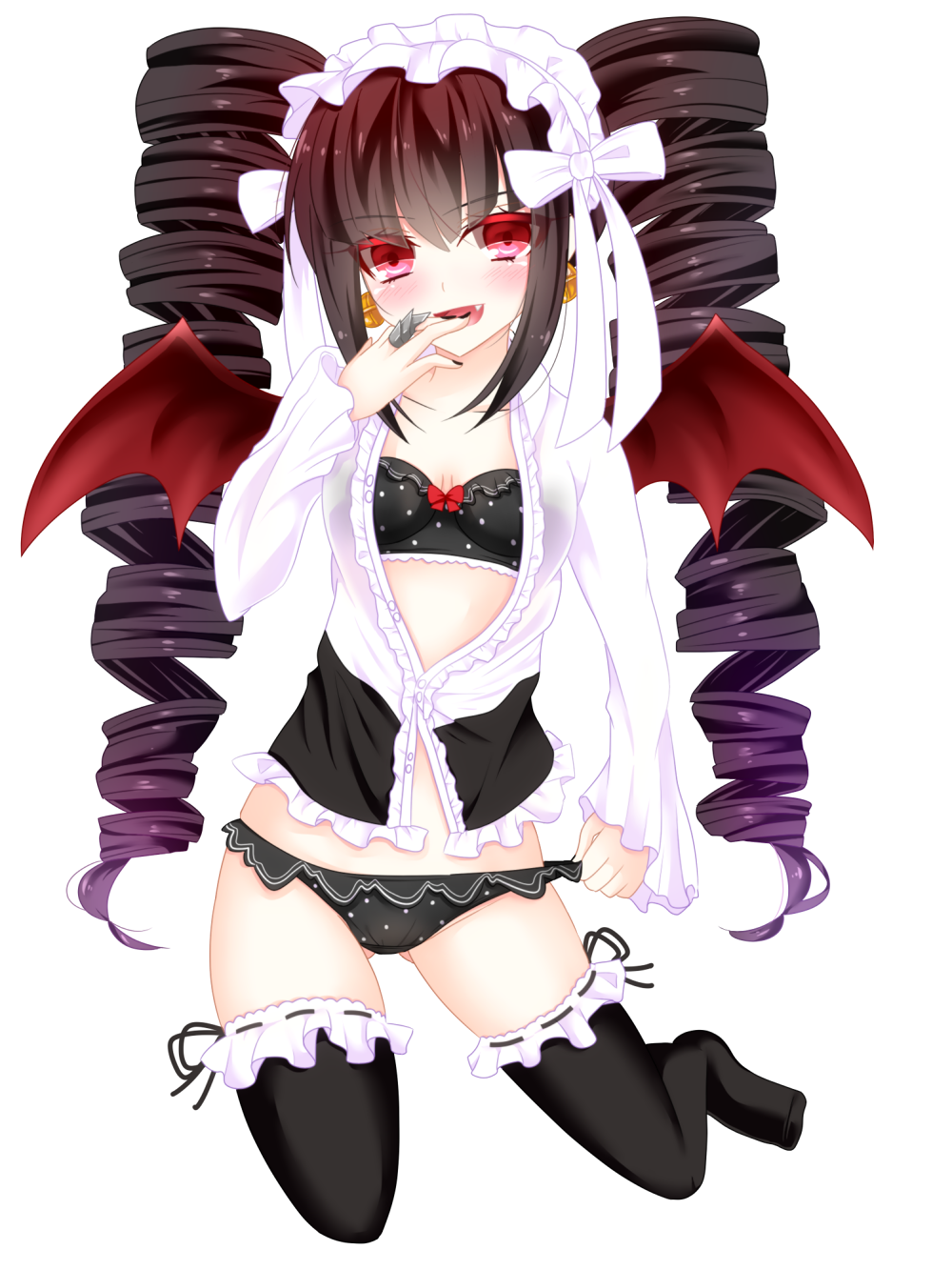 1girl, bat_wings, black_bra, black_hair, black_legwear, black_nails, black_panties, bra, celestia_ludenberck, dangan_ronpa, dangan_ronpa_1, drill_hair, fang, headdress, highres, lolita_fashion, long_hair, looking_at_viewer, nail_polish, panties, red_eyes, shirt, solo, thigh-highs, transparent_background, twin_drills, underwear, white_background, wings
