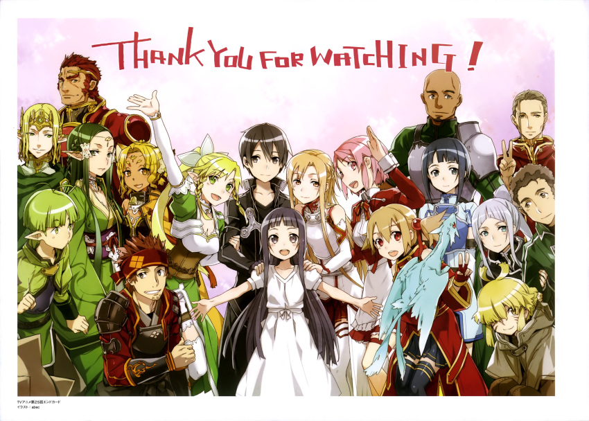 6+boys, 6+girls, abec, absurdres, agil, alicia_rue, animal_ears, argo_the_rat, asuna_(sao), bandana, black_eyes, black_gloves, black_hair, black_legwear, black_skirt, blonde_hair, breasts, brown_eyes, brown_hair, cat_ears, cleavage, dress, eugene_(sao), everyone, fingerless_gloves, gloves, green_eyes, green_hair, hair_ornament, hand_on_shoulder, heathcliff, highres, kirito, klein, leafa, lisbeth, long_hair, looking_at_viewer, mole, mole_under_eye, multiple_boys, multiple_girls, oberon_(sao), open_mouth, pina_(sao), pink_eyes, pink_hair, pleated_skirt, pointy_ears, ponytail, recon_(sao), redhead, sachi_(sao), sakuya_(sao), short_hair, short_twintails, silica, silver_hair, skirt, spaulders, sword_art_online, thigh-highs, thinker_(sao), twintails, v, white_dress, yui_(sao), yulier_(sao)