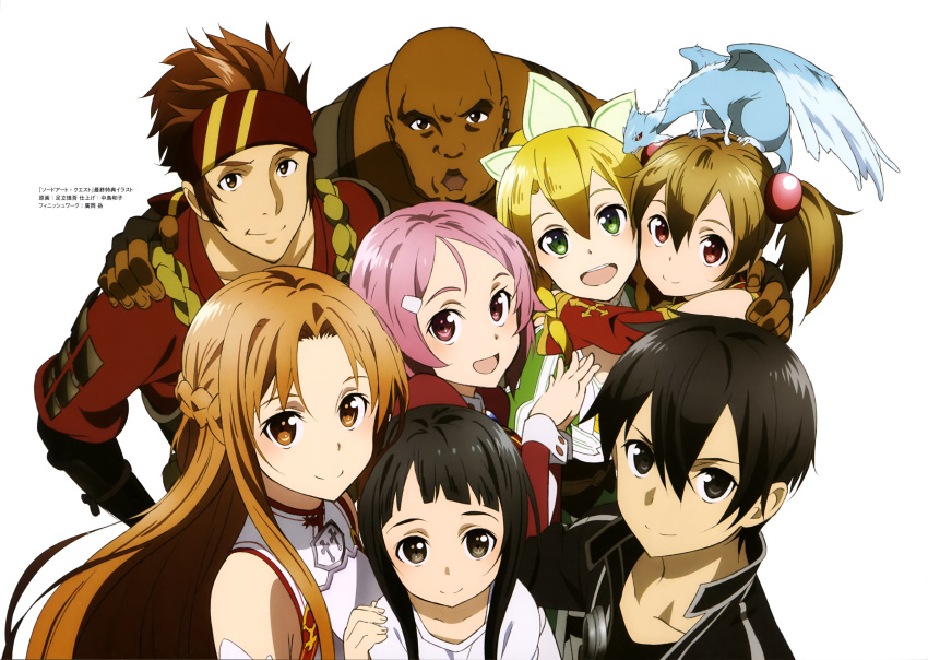 3girls, 4girls, absurdres, adachi_shingo, agil, asuna_(sao), bald, bandana