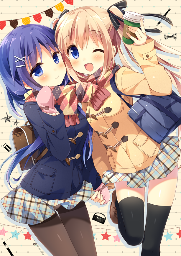 2girls, argyle, argyle_scarf, bag, black_legwear, blonde_hair, blue_eyes, blue_hair