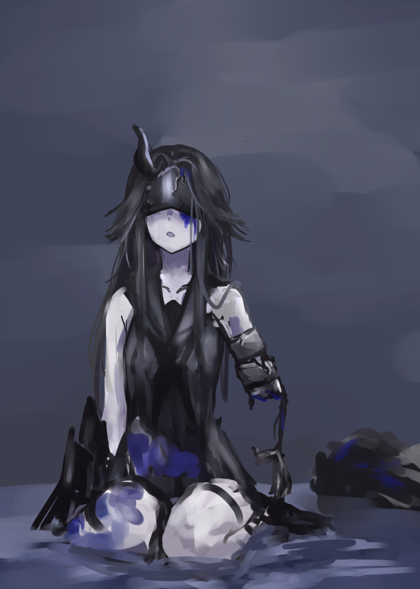 1girl, amputee, black_hair, covered_eyes, dress, highres, horns, kantai_collection