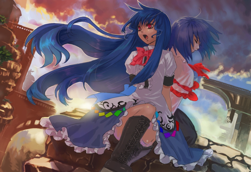blue_hair, boots, capelet, closed_eyes, frills, hinanawi_tenshi, long_hair, m.u.g.e.n, multiple_girls, nagae_iku, red_eyes, the_legend_of_gluttony, touhou, vica