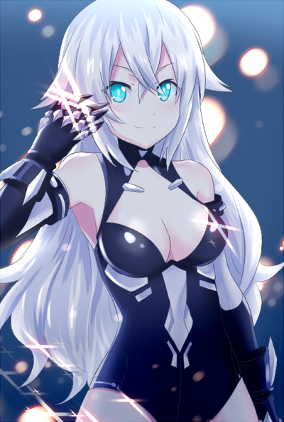 1girl, bare_shoulders, black_heart, blue_eyes, breasts, cleavage, gloves, long_hair, looking_at_viewer, neptune_(series), noire, shiyano, solo, symbol-shaped_pupils, very_long_hair, white_hair