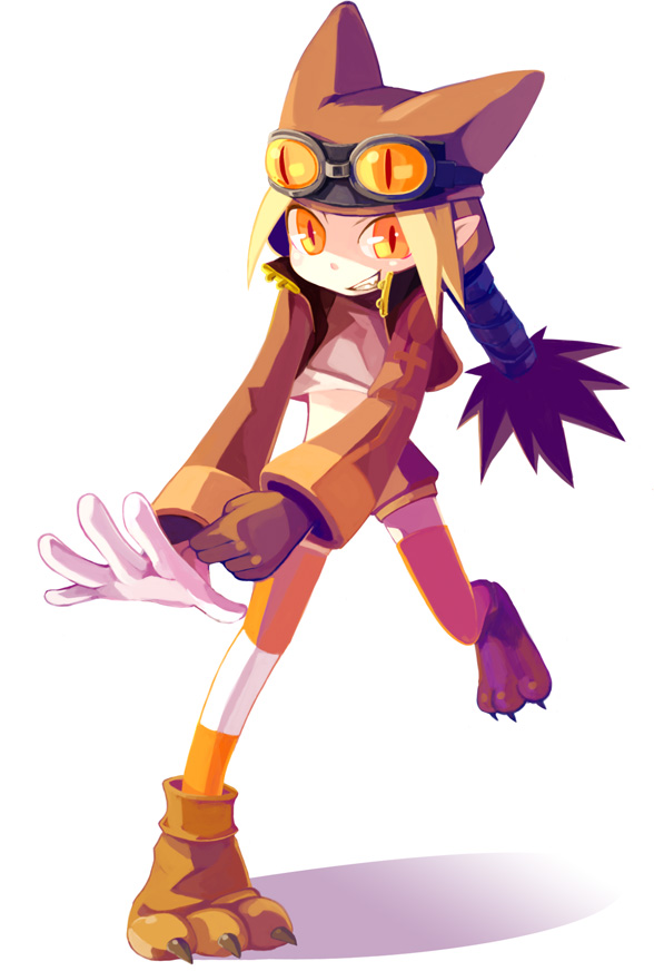 blonde_hair, claws, disgaea, fang, foreshortening, gloves, goggles, grin