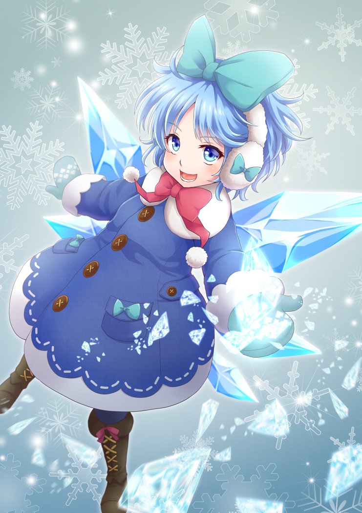 1girl, :d, adapted_costume, bangs, blue_bow, blue_eyes, blue_hair, blue_legwear