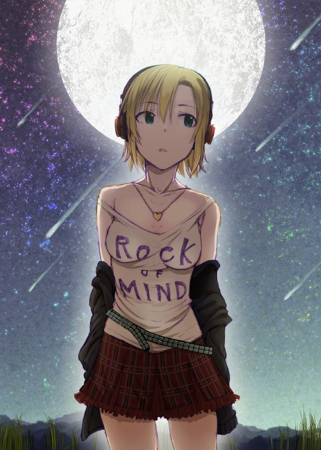 1girl, 3e, blush, breasts, brown_hair, clothes_writing, commentary_request, full_moon