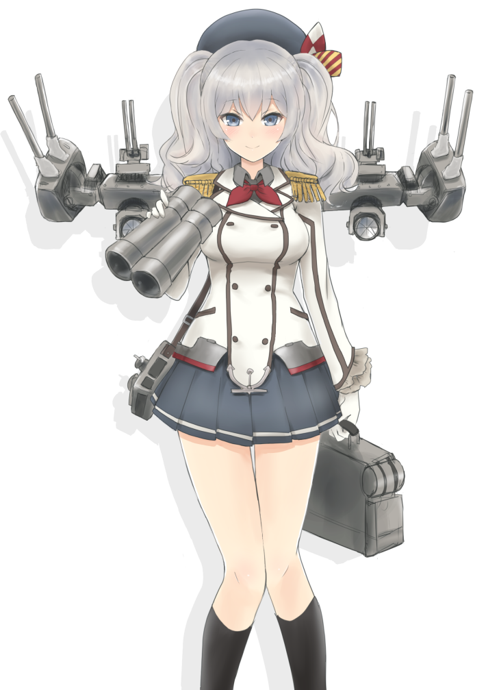 1girl, beret, binoculars, black_legwear, blue_eyes, breasts, buttons, epaulettes, frilled_sleeves, frills, gloves, grey_eyes, hat, jacket, kantai_collection, kashima_(kantai_collection), kerchief, kneehighs, large_breasts, looking_at_viewer, machinery, military, military_uniform, miniskirt, nayunayunayu0001, sidelocks, silver_hair, skirt, smile, solo, twintails, uniform, wavy_hair, white_background, white_gloves