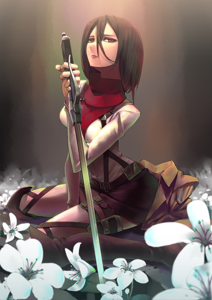 1girl, belt, between_legs, black_eyes, black_hair, boots, closed_mouth, flower