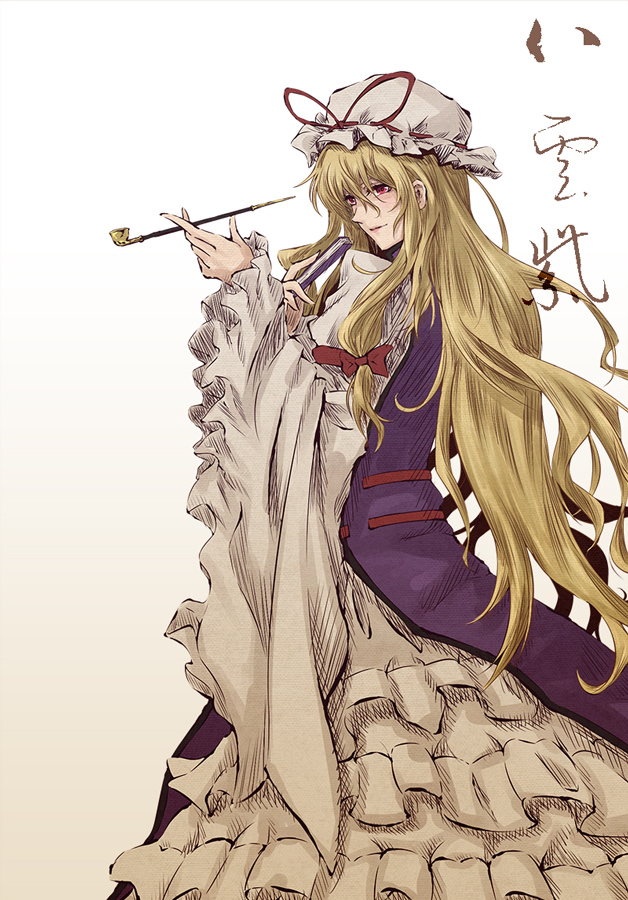 1girl, armband, blonde_hair, bow, closed_fan, dress, expressionless, fan