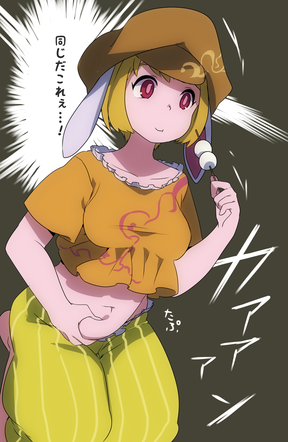 1girl, animal_ears, belly, belly_grab, blonde_hair, breasts, crop_top, dango