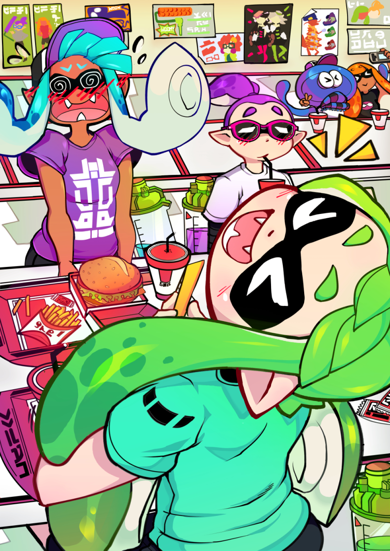 >_<, /\/\/\, 1boy, 3girls, :>, :d, @_@, anemo_(splatoon)