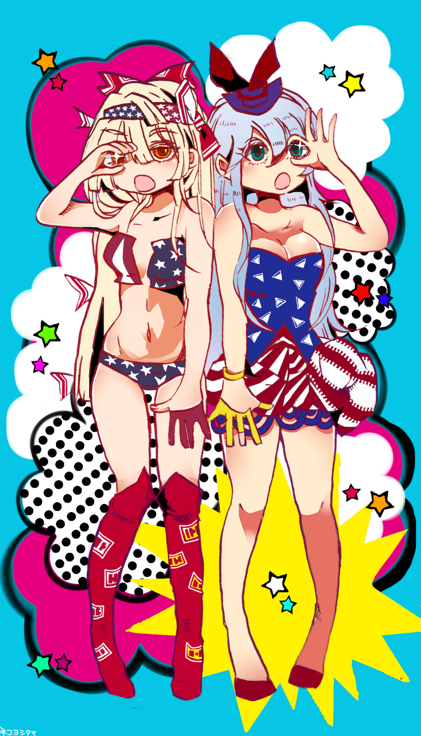 2girls, alternate_costume, alternate_eye_color, alternate_hair_color, american_flag_dress, american_flag_panties, bandana, blonde_hair