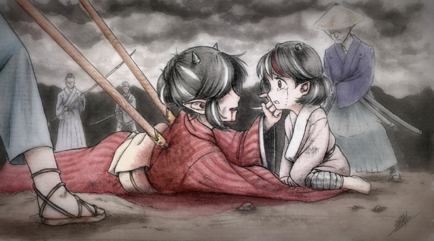 2girls, 4boys, barefoot, black_hair, blood, blood_from_mouth, commentary, crying