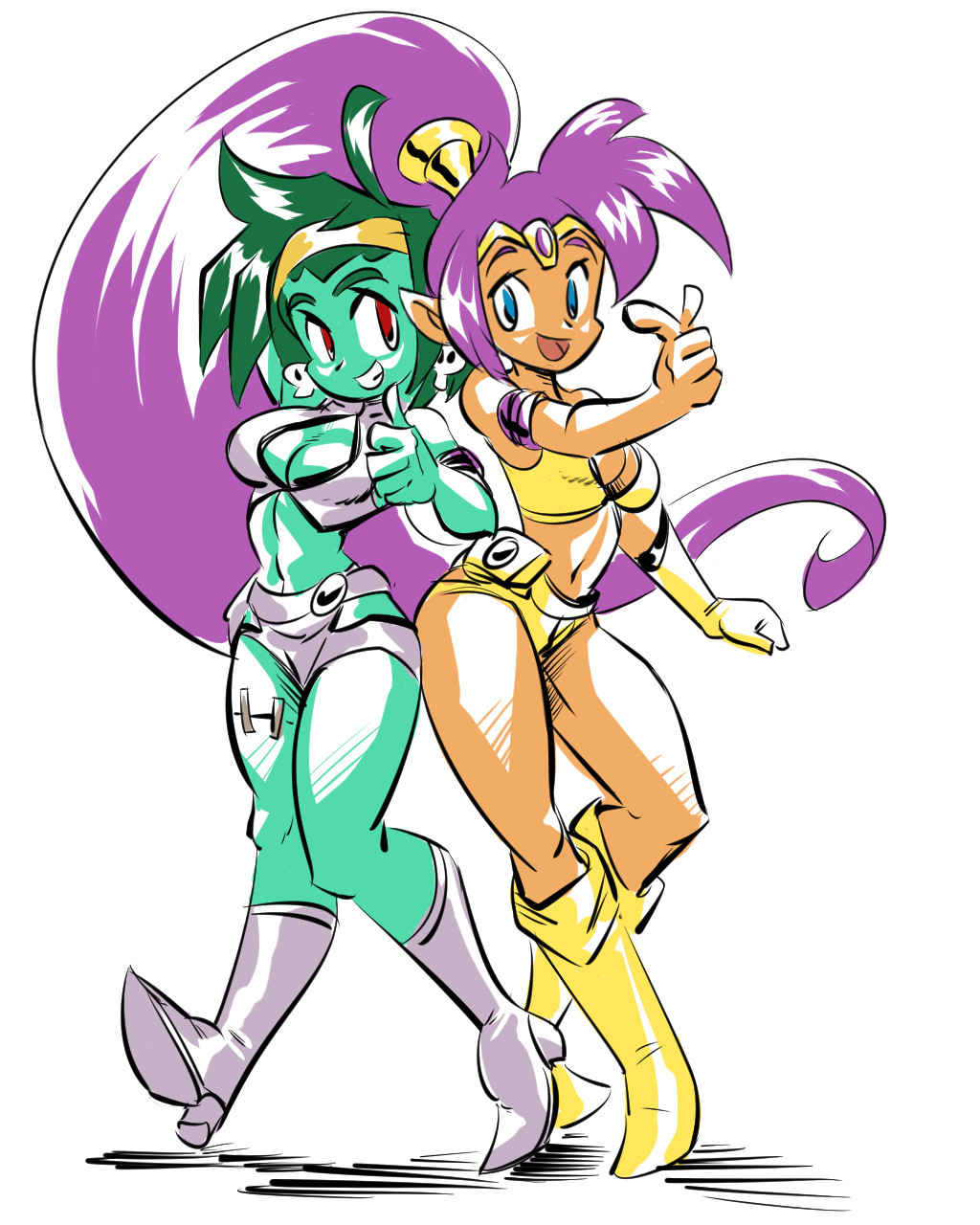 2girls, armband, blue_eyes, boots, breasts, circlet, cleavage, cleavage_cutout, cosplay, dark_skin, dirty_pair, earrings, eric_toner, forehead_jewel, green_hair, green_skin, grin, headband, highres, jewelry, kei_(dirty_pair), kei_(dirty_pair)_(cosplay), long_hair, multiple_girls, navel, pointy_ears, pointy_shoes, purple_hair, red_eyes, rottytops, shantae, shantae_(character), shoes, short_hair, single_glove, skull_earrings, smile, thumbs_up, very_long_hair, yuri_(dirty_pair), yuri_(dirty_pair)_(cosplay), zombie