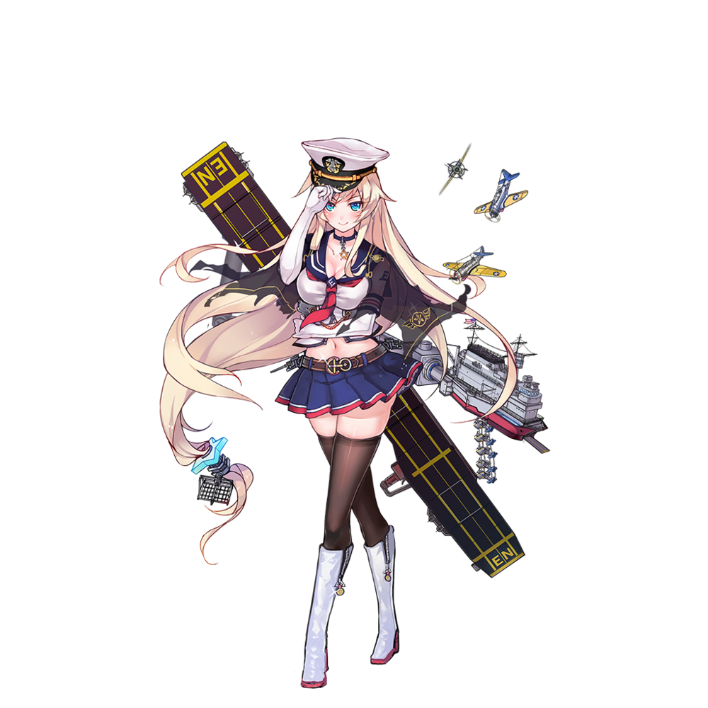 1girl, airplane, american_flag, blonde_hair, blue_eyes, boots, breasts, brown_legwear, cape, choker, cleavage, elbow_gloves, enterprise_(zhan_jian_shao_nyu), flight_deck, g.h_(gogetsu), gloves, hat, knee_boots, large_breasts, long_hair, machinery, midriff, miniskirt, official_art, skirt, smile, thigh-highs, transparent_background, very_long_hair, white_gloves, white_legwear, zettai_ryouiki, zhan_jian_shao_nyu