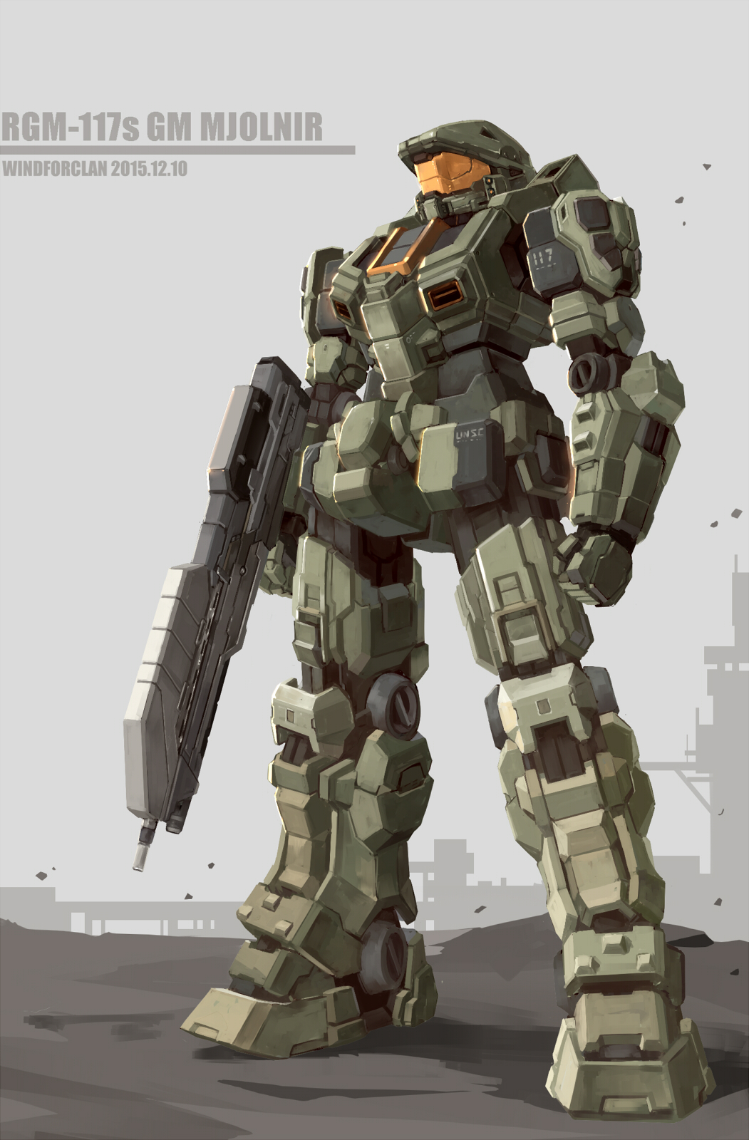gun, gundam, halo_(game), highres, master_chief, mecha, rifle, spartan_(halo)