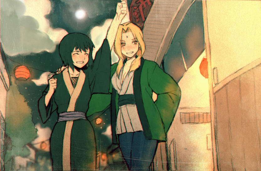 2girls, black_hair, blonde_hair, cellnpa, facial_mark, forehead_mark, japanese_clothes, long_hair, multiple_girls, naruto, shizune_(naruto), short_hair, tsunade