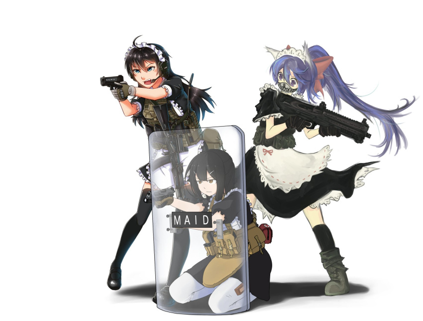 ak-74, ammunition_pouch, antennae, apron, artist_request, assault_rifle, blue_eyes, body_armor, boots, first_aid_kit, frills, glock, gloves, gun, handgun, headphones, headset, highres, load_bearing_vest, long_hair, maid, maid_headdress, microphone, multiple_girls, pistol, plate_carrier, radio, rifle, shield, short_hair, shotgun, sig_p226, sig_sauer, skirt, sling, tagme, utas_uts-15, walkie-talkie, weapon