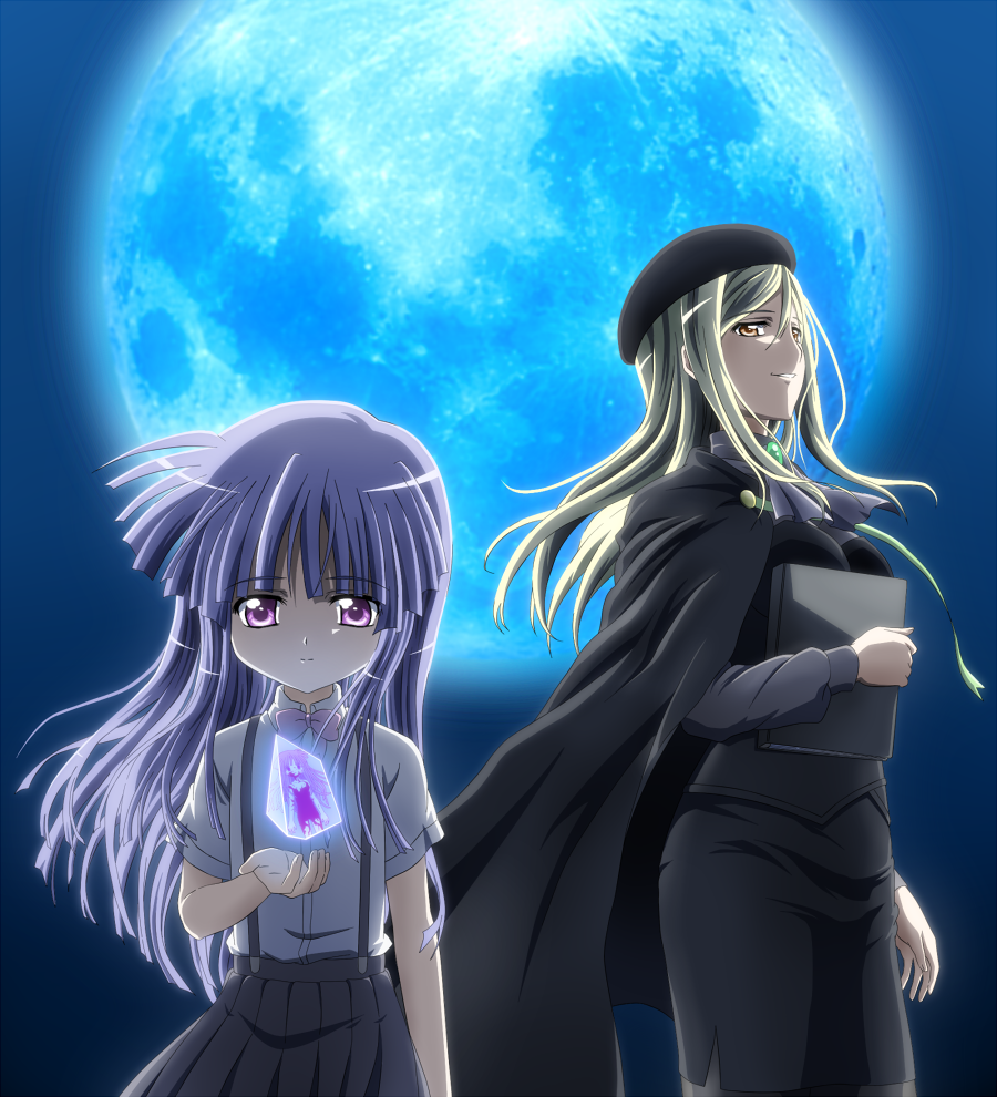 2girls, bangs, beret, blonde_hair, blue_hair, book, bow, cape, child, furude_rika, hat, higurashi_no_naku_koro_ni, holding, holding_book, kakera, lila_(artist), long_hair, moon, multiple_girls, night, night_sky, official_style, pantyhose, parted_bangs, parted_lips, pencil_skirt, ribbon, school_uniform, shaded_face, skirt, sky, smile, suspenders, takano_miyo, violet_eyes