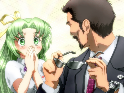 1boy, 1girl, beard, blush, brown_hair, facial_hair, formal, green_eyes, green_hair, hair_ribbon, hands_together, higurashi_no_naku_koro_ni, kasai_tatsuyoshi, long_hair, lowres, necktie, ribbon, school_uniform, short_hair, sonozaki_shion, suit, sunglasses, surprised, tenkai_no_shinshi, watch, watch
