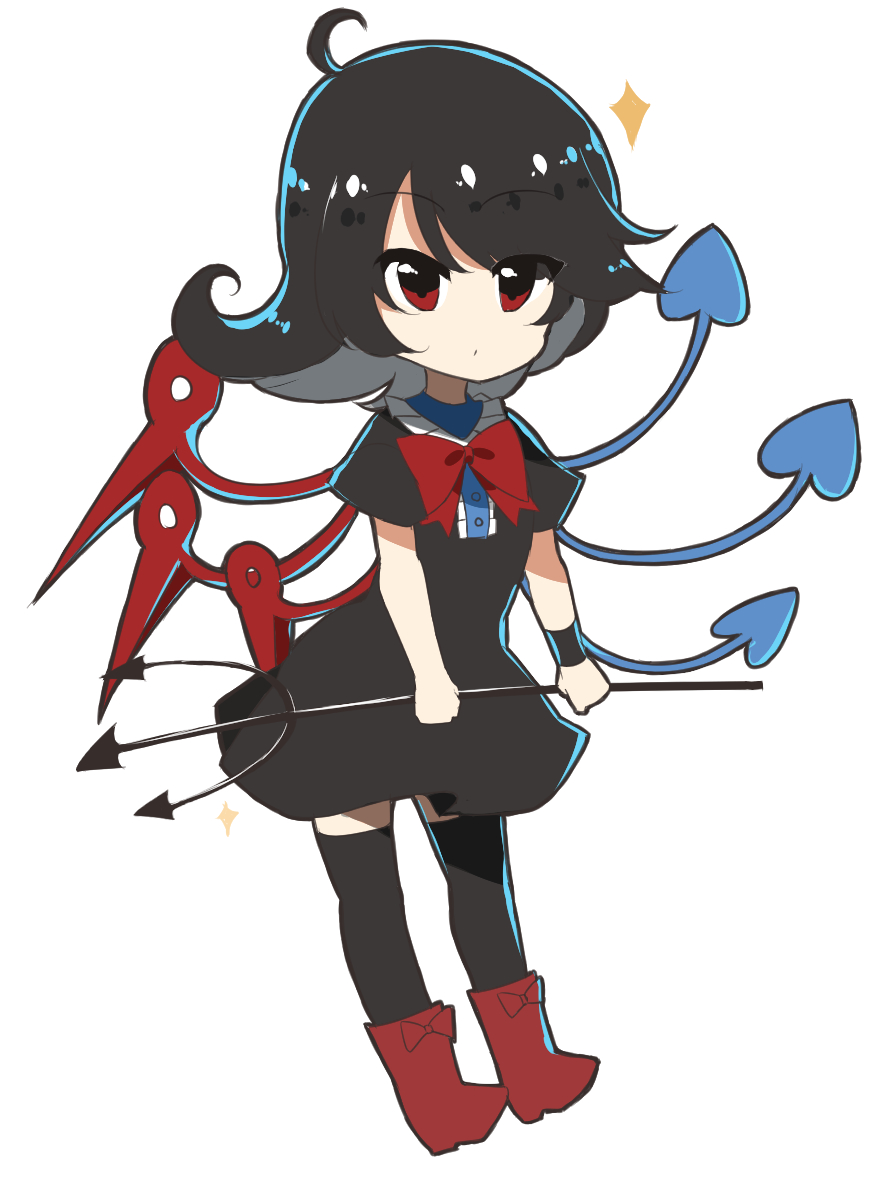 1girl, ahoge, asymmetrical_wings, black_dress, black_hair, black_legwear, boots, bow