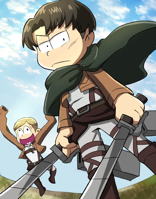 2boys, :d, arms_up, bangs, belt, black_eyes, black_hair, blonde_hair